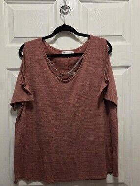 Retrology Women's Plus 1X Pink Cold-Shoulder Top Rhinestone Embellished V-Neck